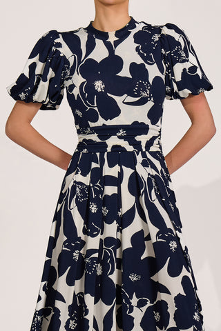 Turtle Neck Puff Sleeve Jersey Midi Dress, Cream Floral