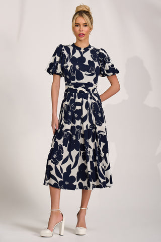 Turtle Neck Puff Sleeve Jersey Midi Dress, Cream Floral