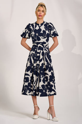Turtle Neck Puff Sleeve Jersey Midi Dress, Cream Floral