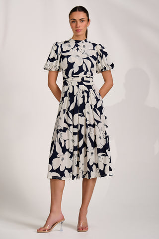 Turtle Neck Puff Sleeve Jersey Midi Dress, Navy Floral