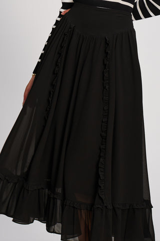 Chiffon Frill Tiered Maxi Skirt, Black