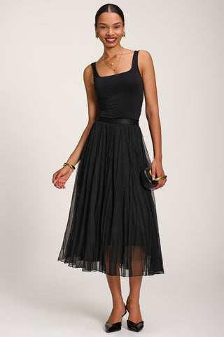 Plain Crinkle Mesh Midi Skirt, Black