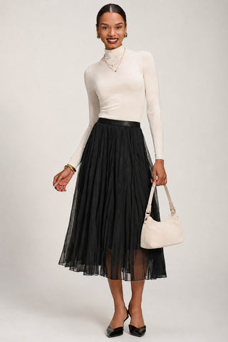 Plain Crinkle Mesh Midi Skirt, Black