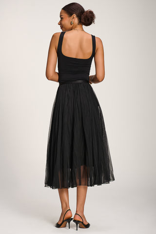 Plain Crinkle Mesh Midi Skirt, Black