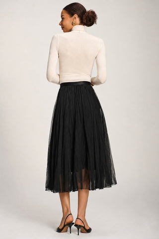 Plain Crinkle Mesh Midi Skirt, Black