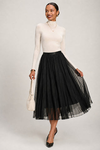 Plain Crinkle Mesh Midi Skirt, Black