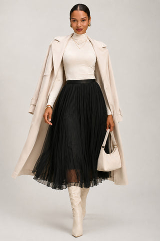 Plain Crinkle Mesh Midi Skirt, Black