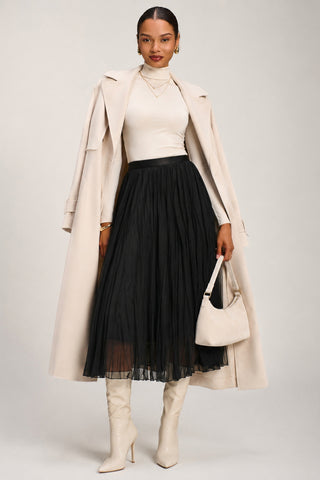 Plain Crinkle Mesh Midi Skirt, Black