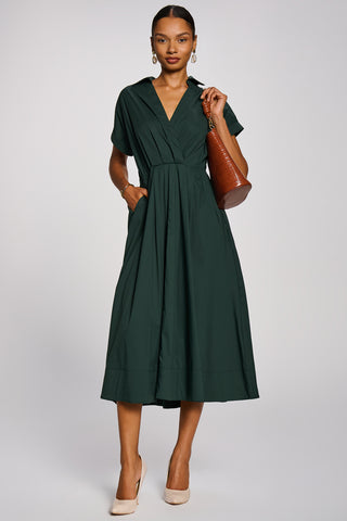 Wrap Bodice Cotton Blend Shirt Midi Dress, Dark Green