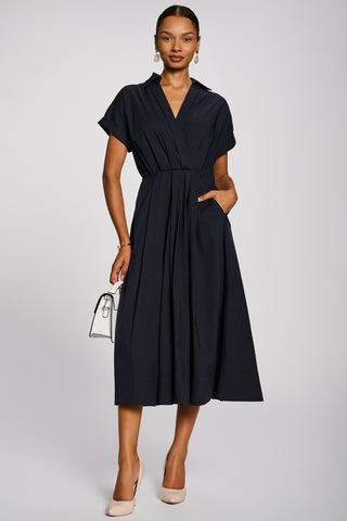Wrap Bodice Cotton Blend Shirt Midi Dress, Navy