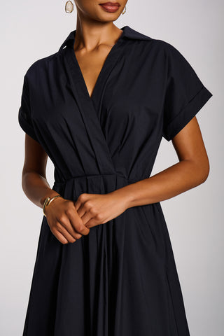 Wrap Bodice Cotton Blend Shirt Midi Dress, Navy