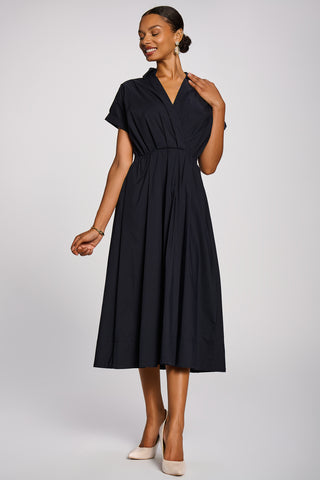 Wrap Bodice Cotton Blend Shirt Midi Dress, Navy