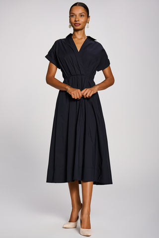 Wrap Bodice Cotton Blend Shirt Midi Dress, Navy