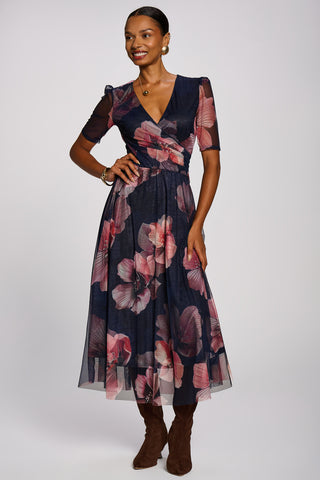 Double Layer Printed Mesh Maxi Dress, Navy Floral