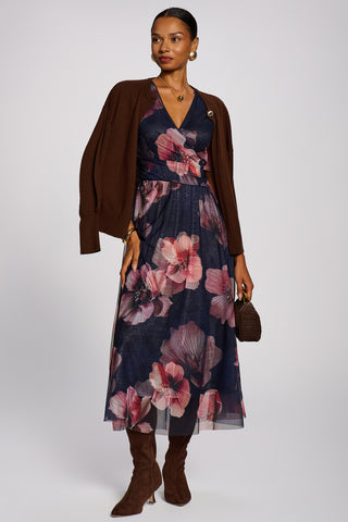 Double Layer Printed Mesh Maxi Dress, Navy Floral