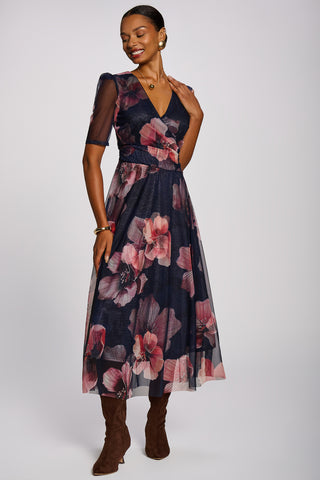 Double Layer Printed Mesh Maxi Dress, Navy Floral
