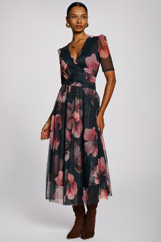 Double Layer Printed Mesh Maxi Dress, Teal Floral