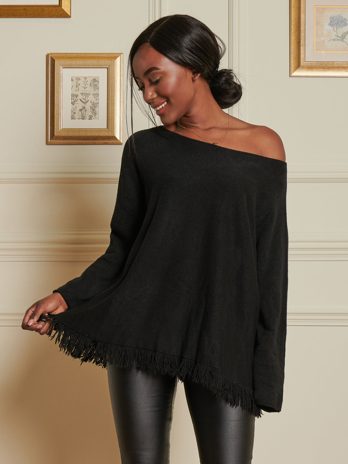 Made In Italy Knitted Fringe Detail Jumper, Black