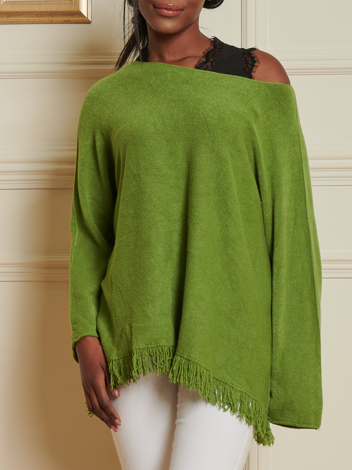 Made In Italy Knitted Fringe Detail Jumper, Olive Green