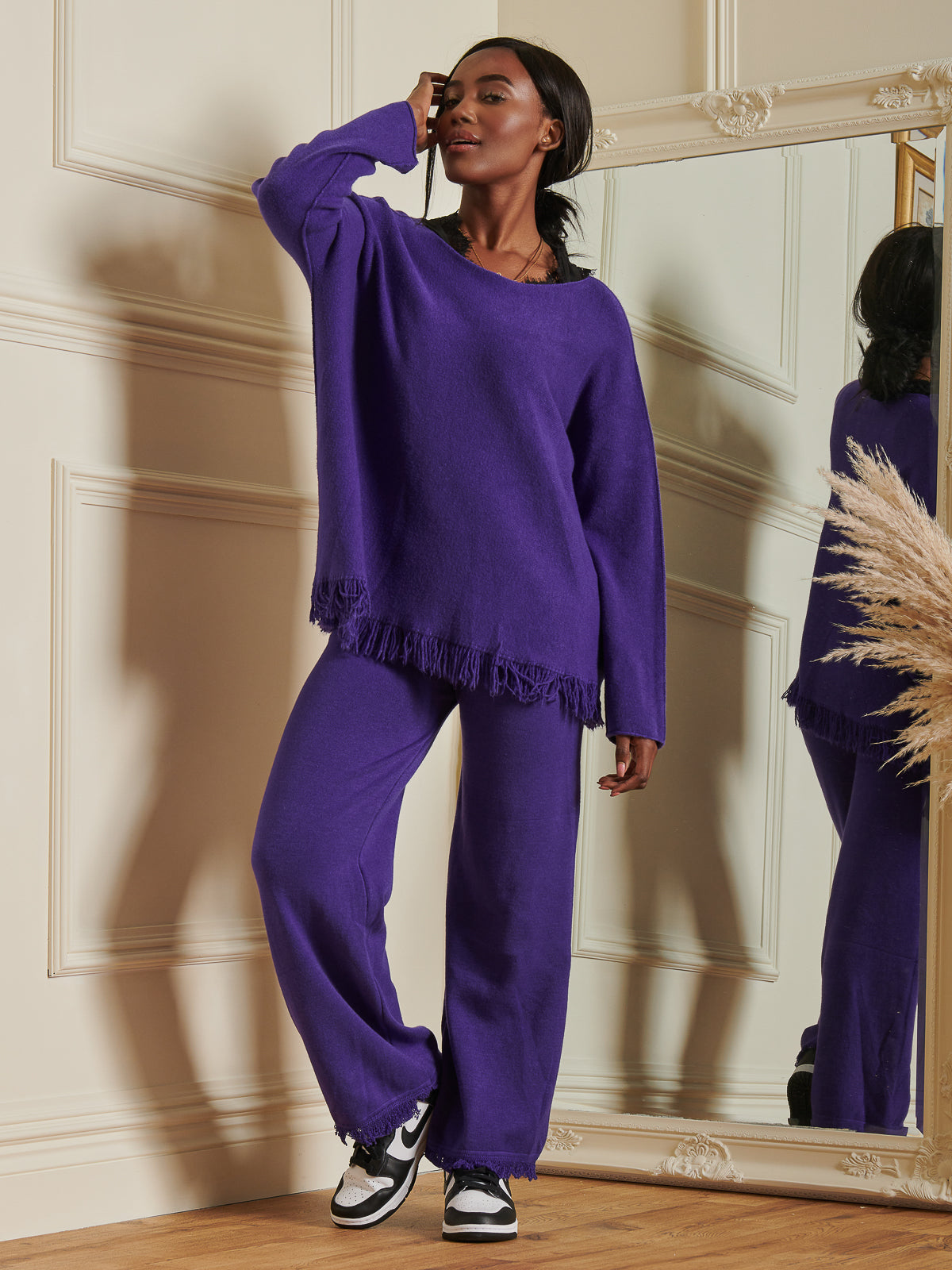 Made In Italy Knitted Fringe Detail Trousers, Purple