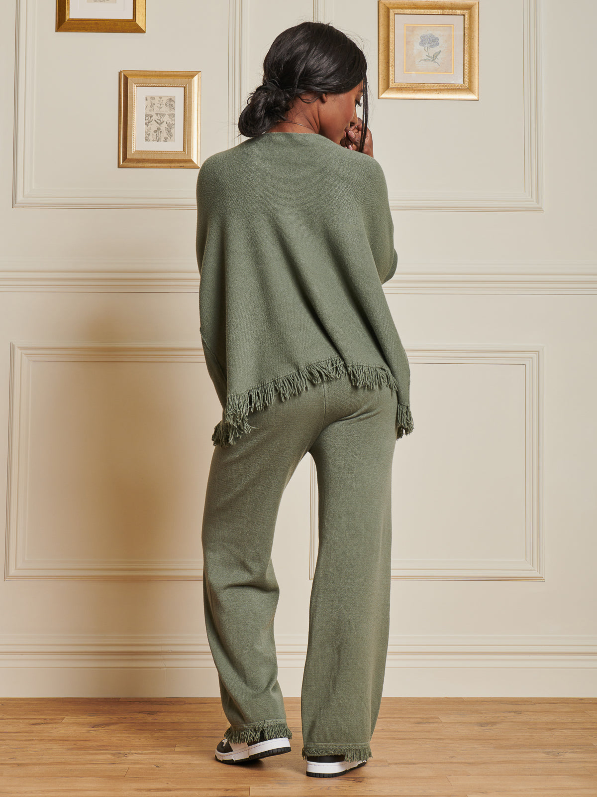 Made In Italy Knitted Fringe Detail Trousers, Soldier Green