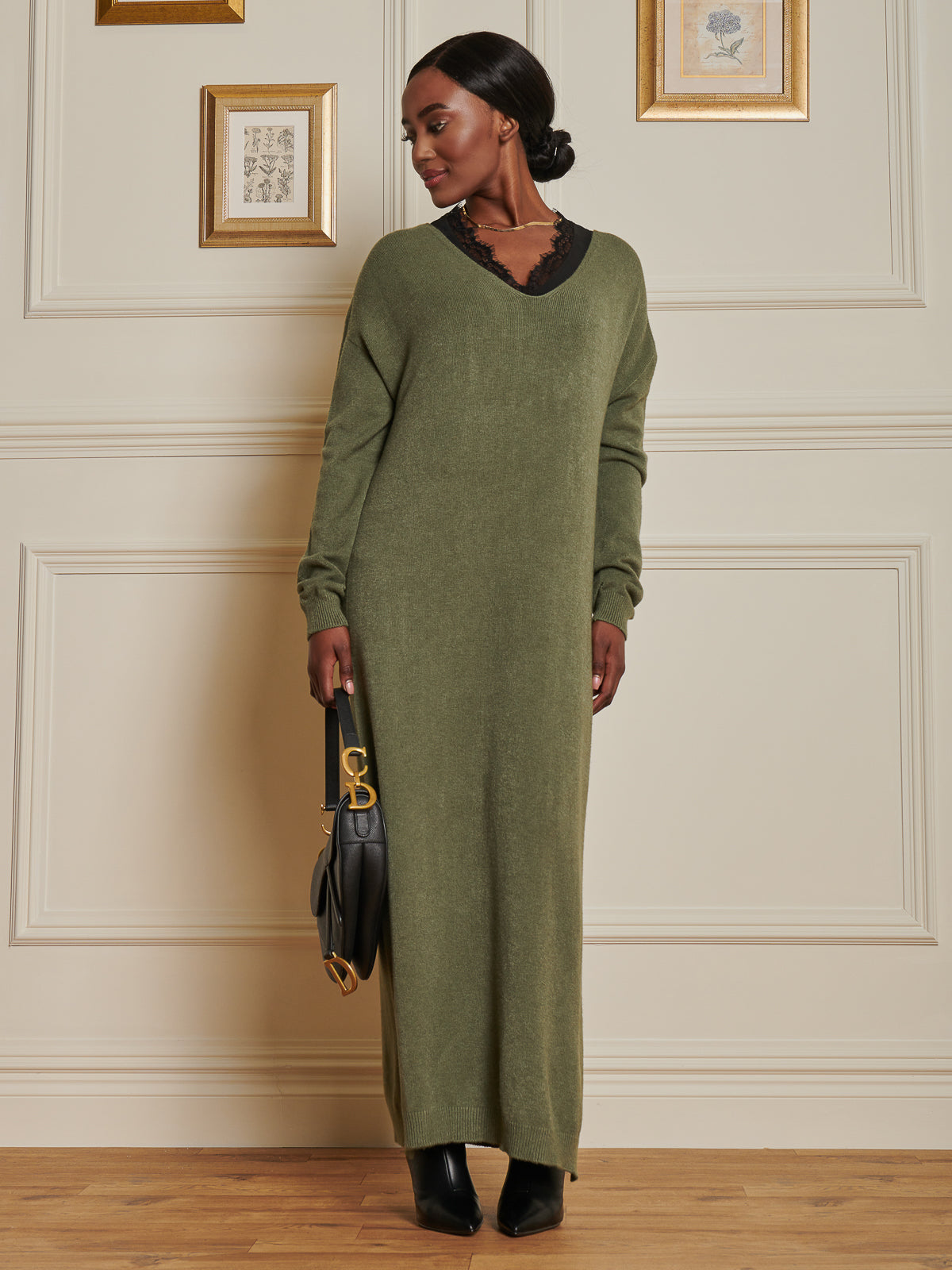 Made In Italy V-Neck Knitted Longline Dress, Soldier Green