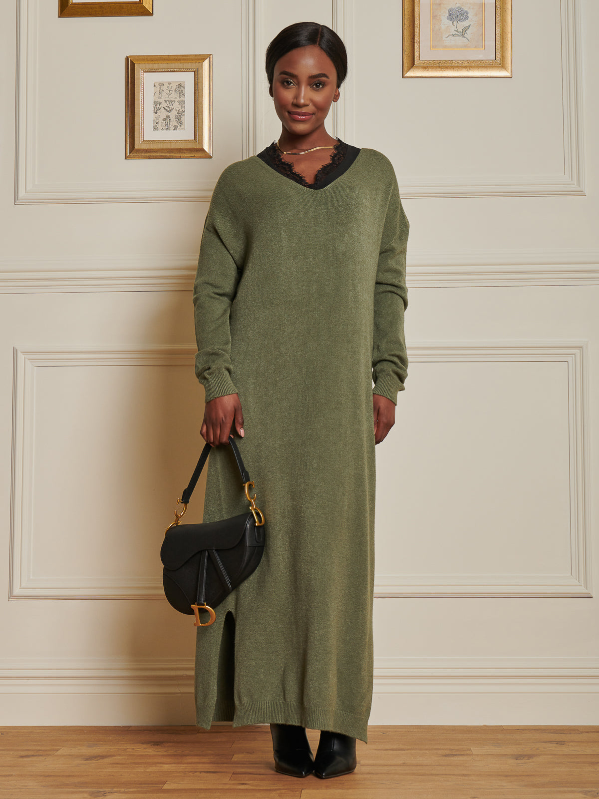 Made In Italy V-Neck Knitted Longline Dress, Soldier Green