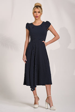 Lap Over Short Sleeve Jersey Dress, Navy Spot