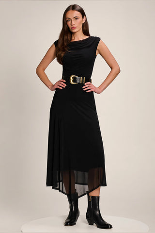 Asymmetric Draped Mesh Maxi Dress, Black