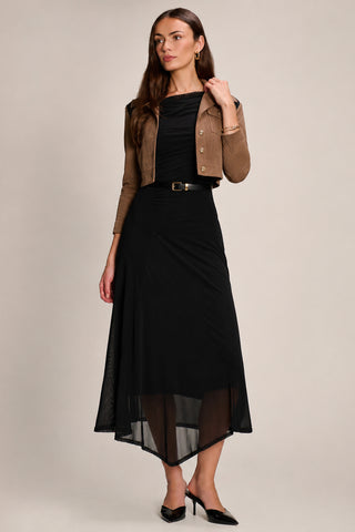 Asymmetric Draped Mesh Maxi Dress, Black