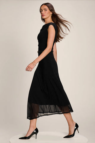 Asymmetric Draped Mesh Maxi Dress, Black