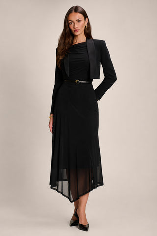 Asymmetric Draped Mesh Maxi Dress, Black