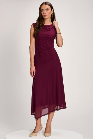 Asymmetric Draped Mesh Maxi Dress, Dark Purple