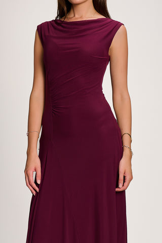 Asymmetric Draped Mesh Maxi Dress, Dark Purple