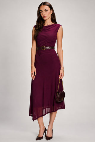 Asymmetric Draped Mesh Maxi Dress, Dark Purple