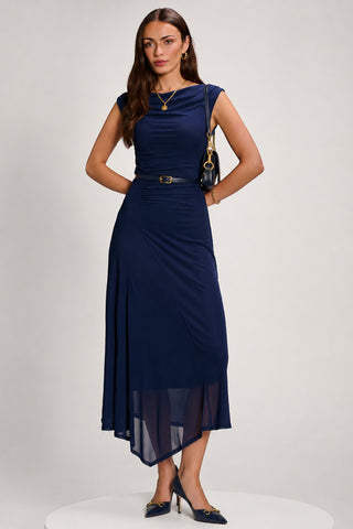 Asymmetric Draped Mesh Maxi Dress, Navy