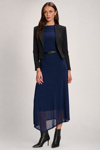 Asymmetric Draped Mesh Maxi Dress, Navy