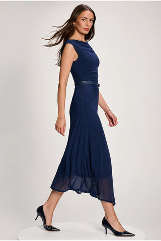 Asymmetric Draped Mesh Maxi Dress, Navy