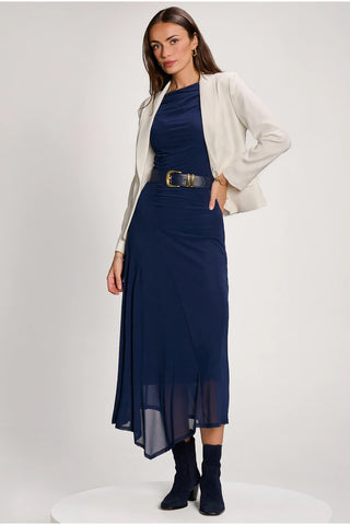 Asymmetric Draped Mesh Maxi Dress, Navy