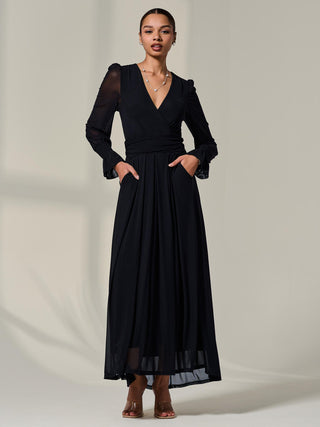 Long Sleeve Mesh Maxi Dress, Black