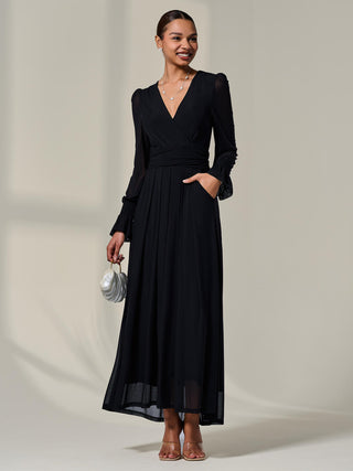 Long Sleeve Mesh Maxi Dress, Black