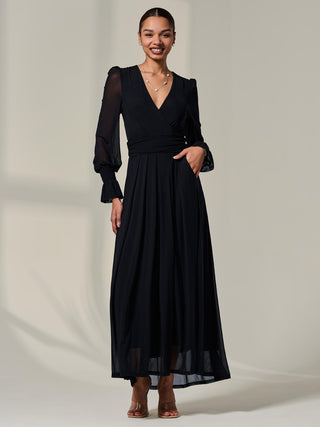 Long Sleeve Mesh Maxi Dress, Black