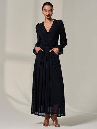 Long Sleeve Mesh Maxi Dress, Black