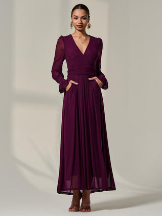 Long Sleeve Mesh Maxi Dress, Dark Purple