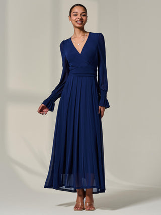 Long Sleeve Mesh Maxi Dress, Navy
