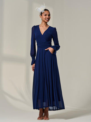 Long Sleeve Mesh Maxi Dress, Navy