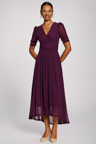 Mesh Ruched Sleeve Maxi Dress, Dark Purple