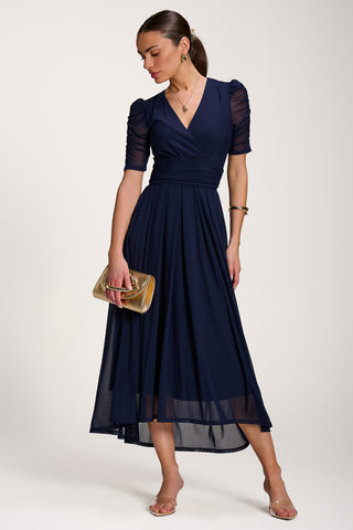 Mesh Ruched Sleeve Maxi Dress, Navy