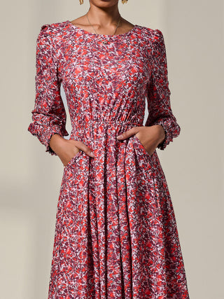 Long Sleeve Jersey Midi Dress, Orange Abstract
