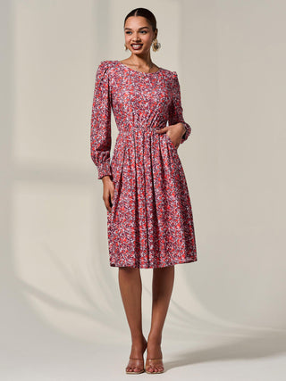 Long Sleeve Jersey Midi Dress, Orange Abstract